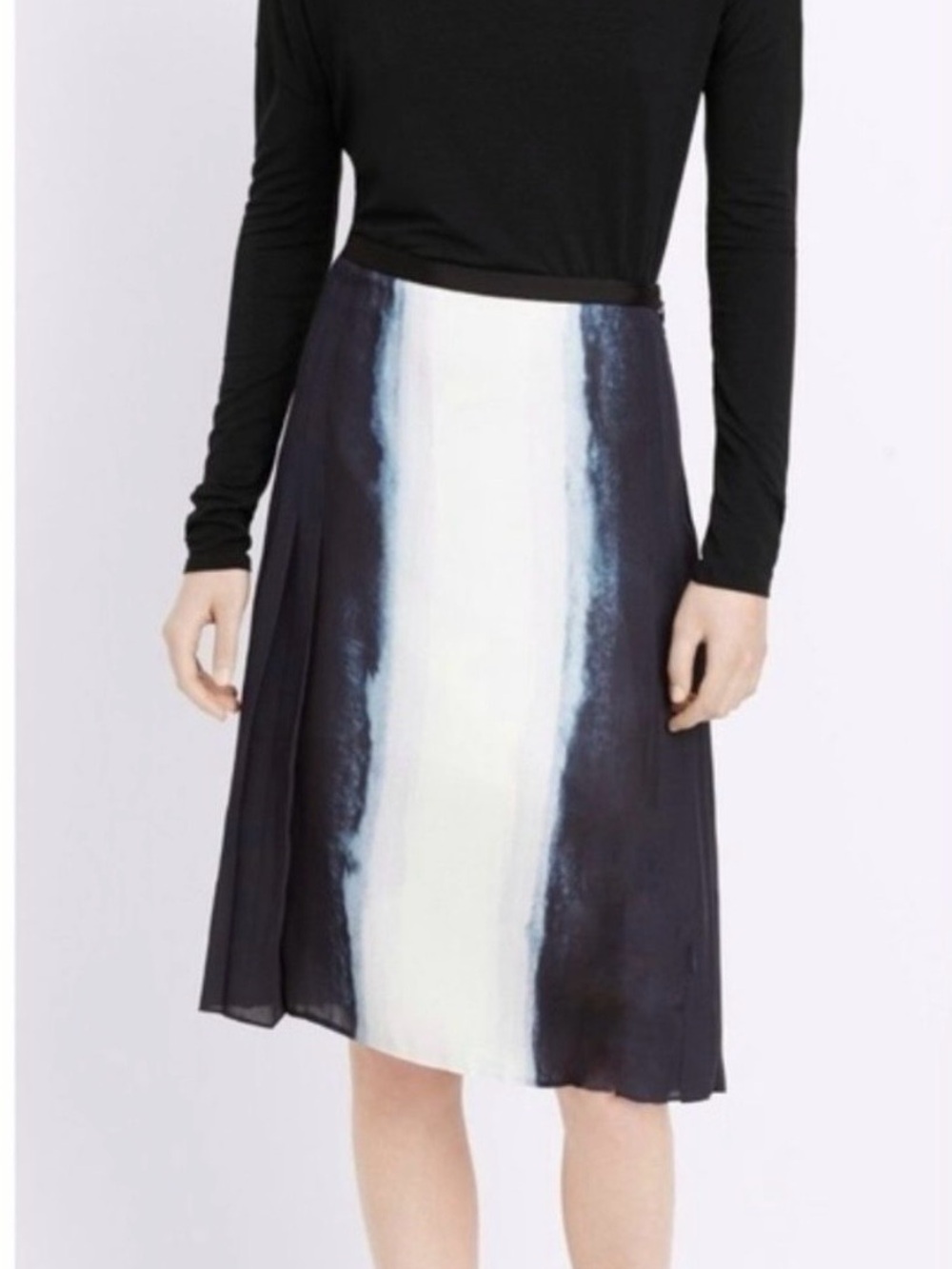 Vince Black/White Pleated Midi Skirt Size 6 Ombre Silk Contrast A Line